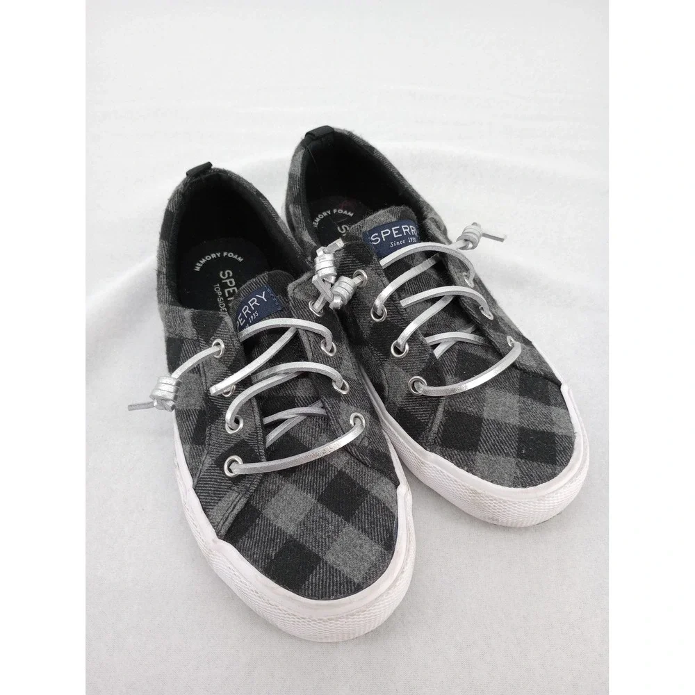 Sperry Pier Wave Sneaker Youth Size 3M Gray Buffalo Plaid Slip On Laced Girls